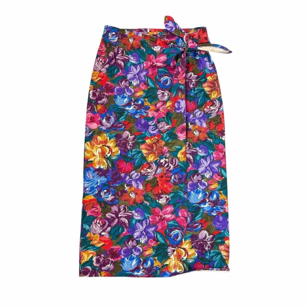Vintage Floral Denim Skirt 10 Multicolor Floral Print Cotton Wrap Maxi Arbuckle